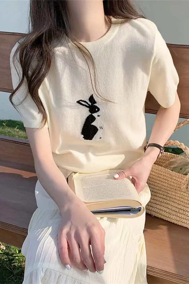 ice silk knitted short sleeve women Korean white rabbit cotton thread T shirt summer new bottom top cotton and linen half sleeve