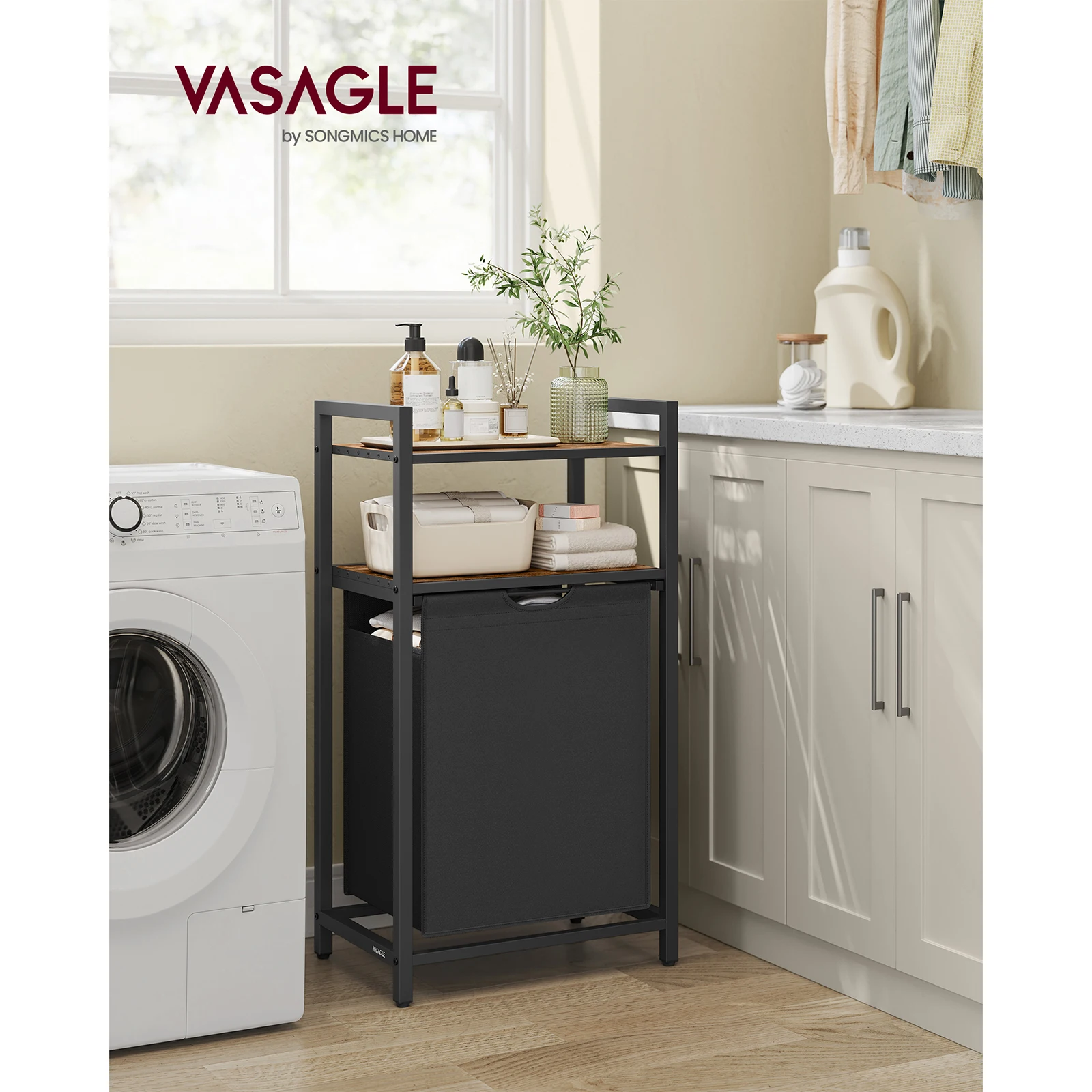 VASAGLE Laundry Hamper with Pull-Out Bag, 2 Shelves, 65L per Bag, for Laundry Room, Rustic Brown/Black