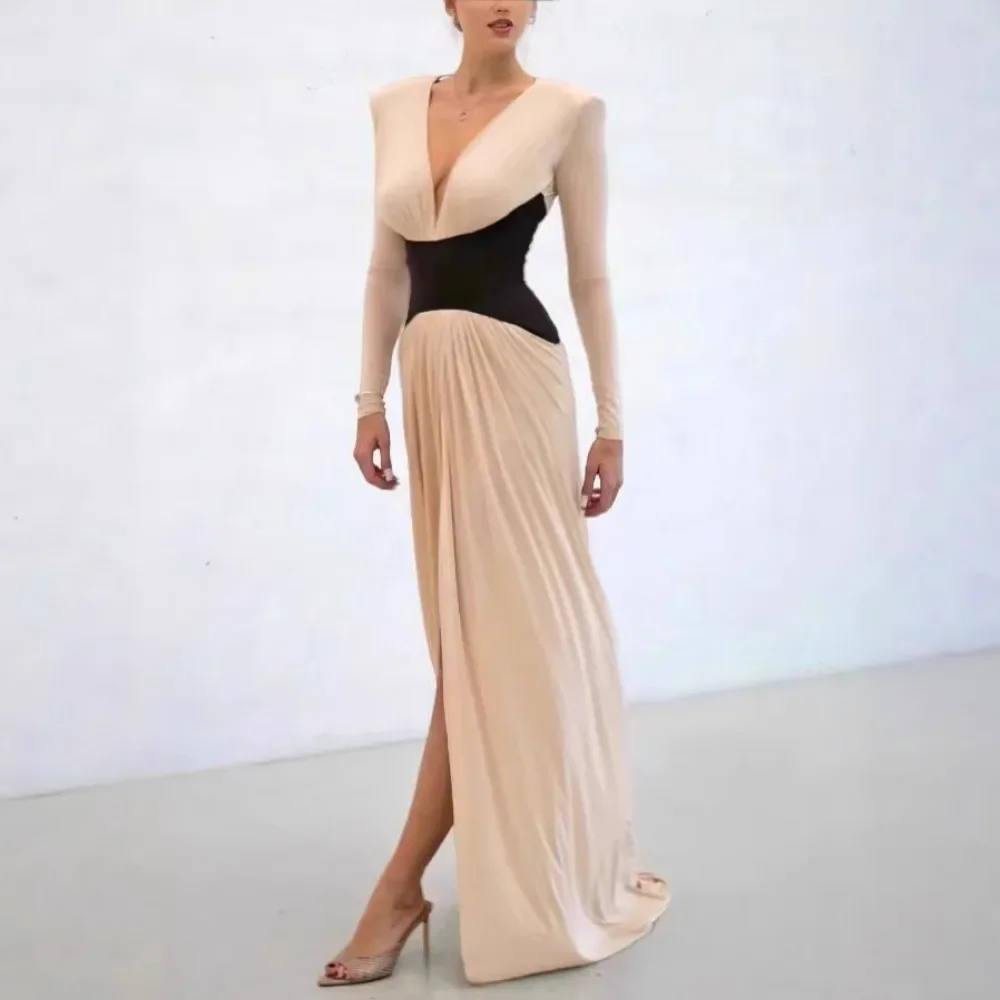 Women European Style Color Block Dress V Neck Long Sleeve Slim Fit Cinched Waist Slit Elegant Fashion Ladies Dress
