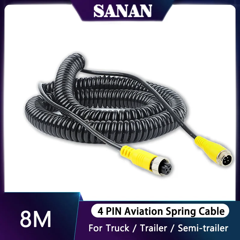 8M Vehicle Camera 4PIN Aviation Spring Wire Video/ Audio Spiral Curly Transmission Extension Cable Stable PU Elastic For Trailer