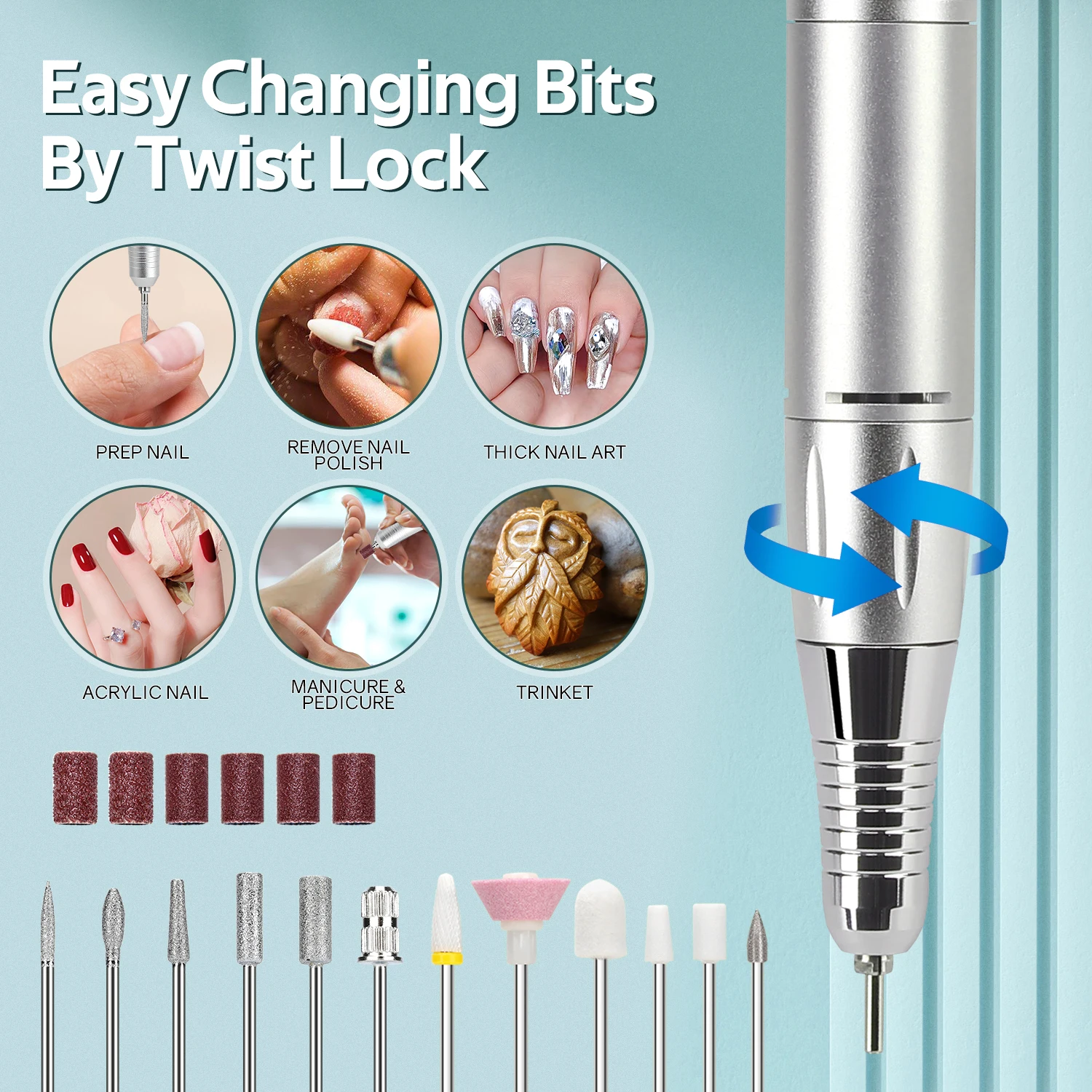 45000 دورة في الدقيقة مسمار ساندر مجموعة مطحنة للتقليم مع شاشة LED منخفضة الضوضاء الكهربائية مانيكير الحفر الأظافر الملحقات والأدوات