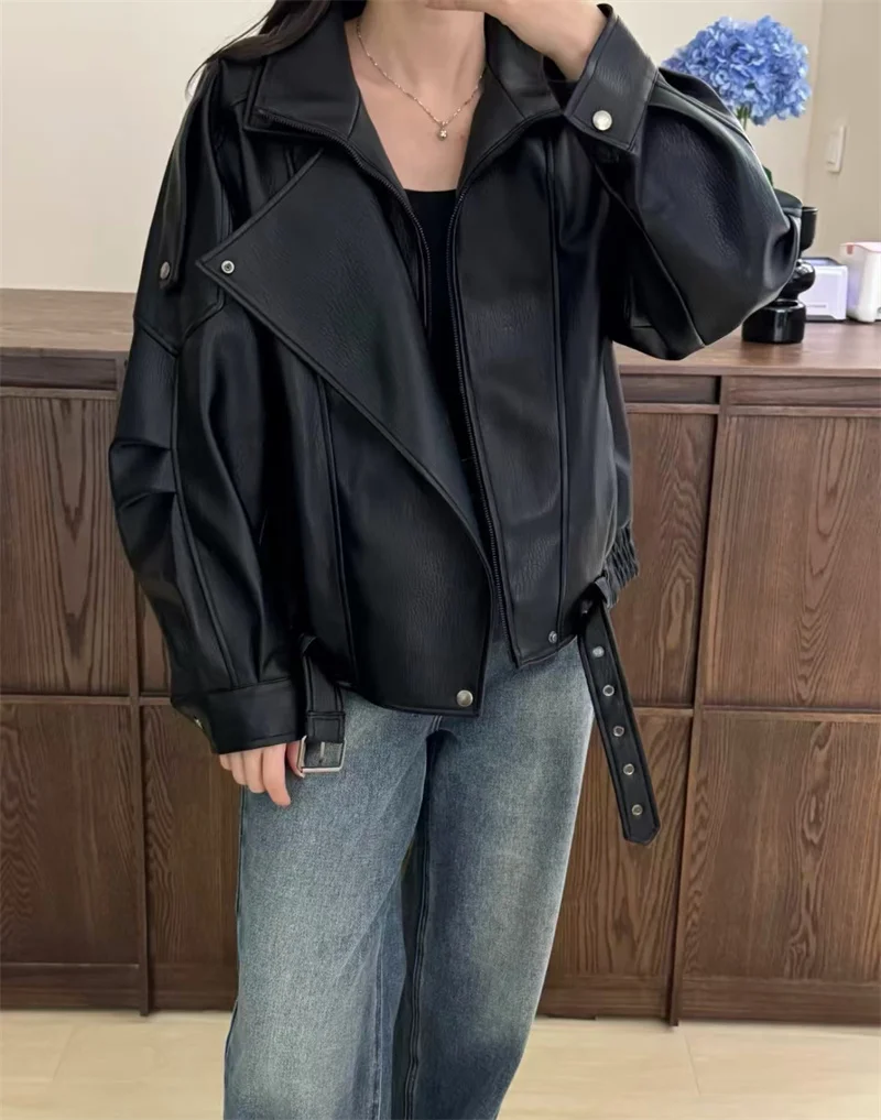 Guobioziy 2026 Fall New Women's Jacket 2026 Fall New Release Loose Faux Leather Biker Jacket Parka European and American Style
