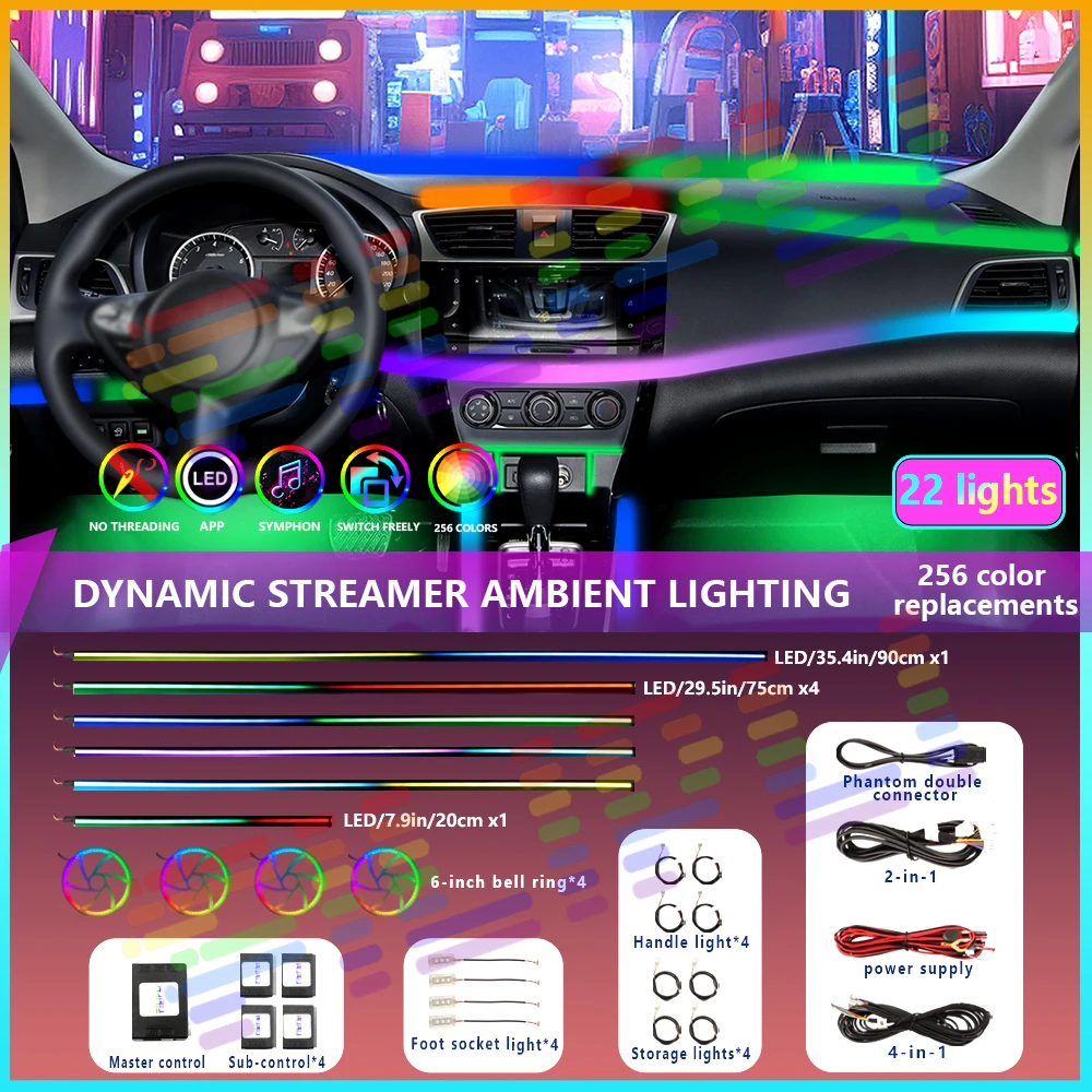 Car Acrylic Ambient Lights App Remote Control Colorful LED Auto Interior 64 RGB Symphony Universal Atmosphere Lamp Strips 18 in1