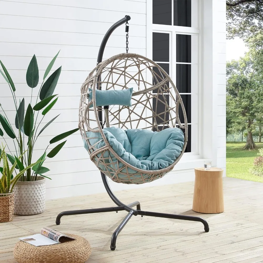 Egg Chair, Hanging Swing Chair with Stand, Hanging Lounge Chair, Outdoor Patio Wicker Tear Drop Hammock Chair with Cushion(Blue)