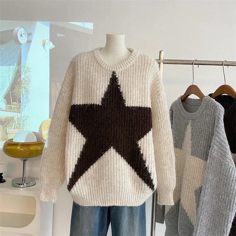 Y2k Vintage Star Sweater Women Korean Style Fashion Autumn Knitted Pullover Aesthetic Harajuku Casual Oversized Top