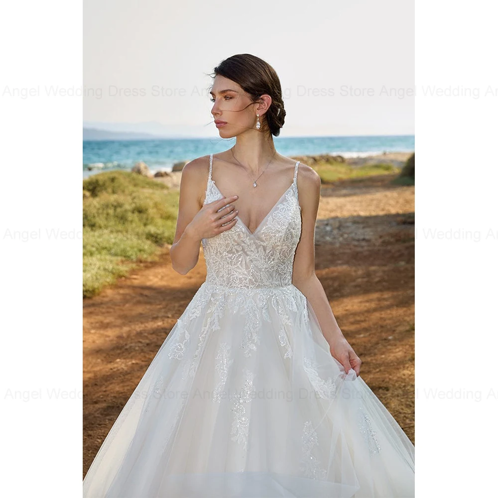ANGEL Customized Spaghetti Straps Lace Wedding Dresses For Women Civil Simple Bride Party Tulle Appliques Beach Bridal Gowns
