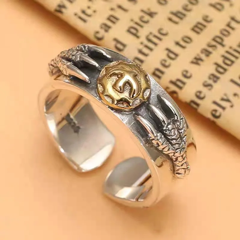 

Thai Silver Indian Style Feather Ring Silver Eagle Claw Personalized Men's and Women's Alloy Ring Handmade Old Open Ring