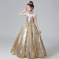 Lindo vestido de baile de lantejoulas feminino, Vestido Sem Mangas, Vestido Longo, Frisado, Dourado, Florista, Casamento, Festa de Aniversário, Concurso