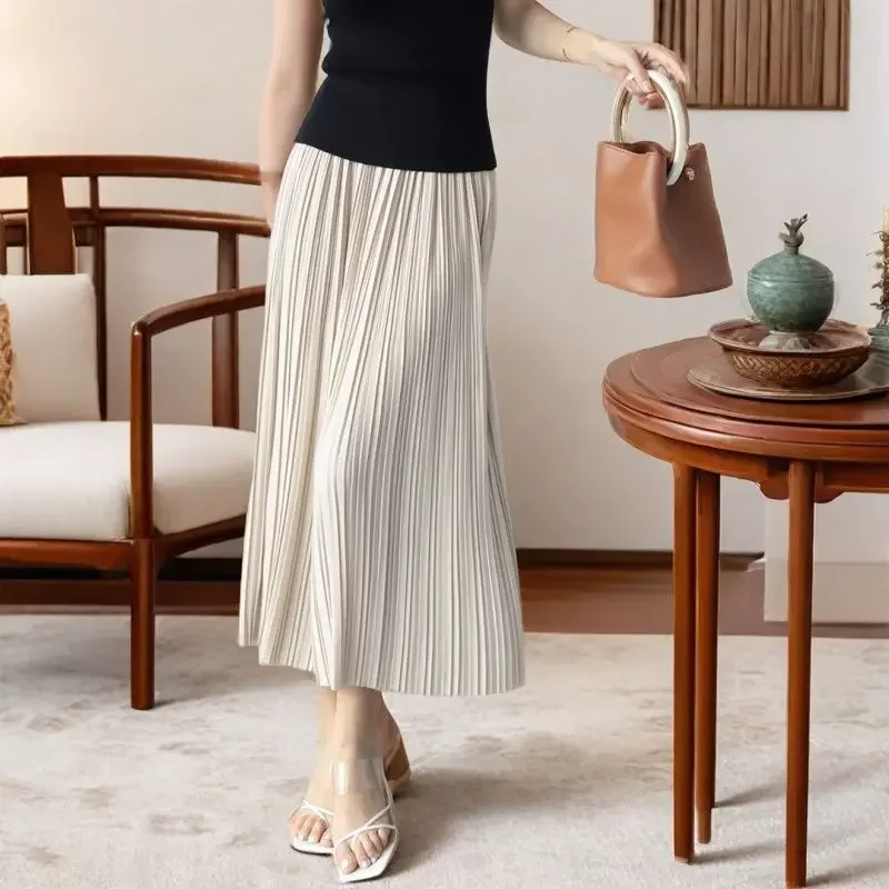 

Элегантная плиссированная женская модная темпераментная универсальная плиссированная юбка средней длины с высокой талией на весну и лето