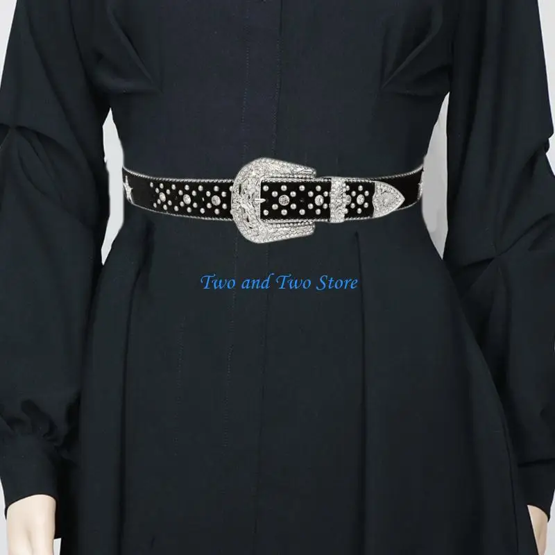 HX6F حزام برشام على شكل نجمة خماسية للنساء مع حزام راعية البقر مطرز بالخرز لسراويل الجينز وحزام البنات وحزام الخصر المزخرف