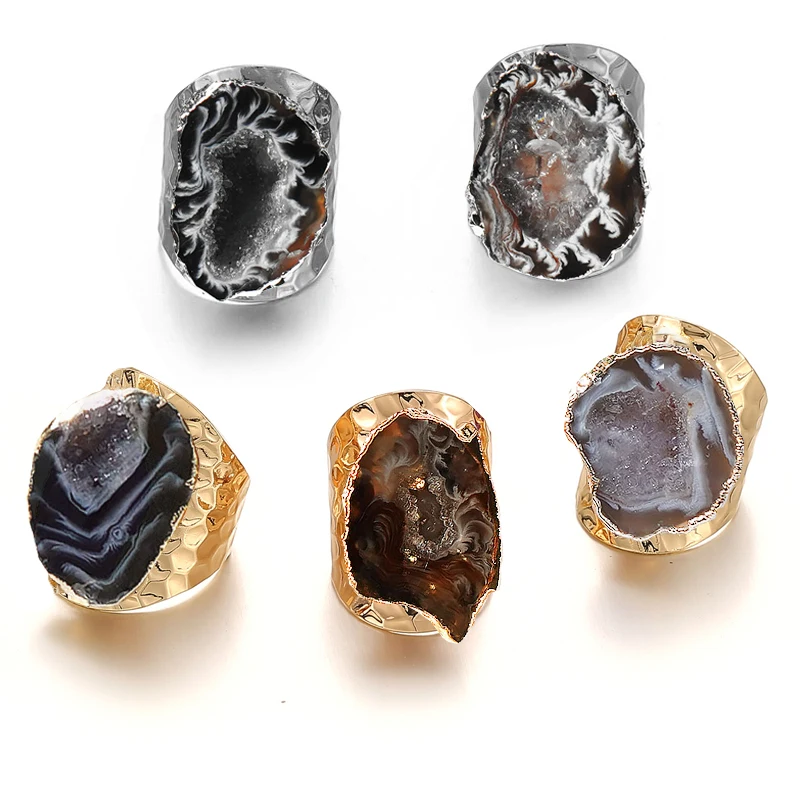 Anillo de rodajas de ágata brasileña cruda Irregular, piedra de cuarzo geoda, piedra preciosa ancha abierta ajustable, joyería para fiesta y boda