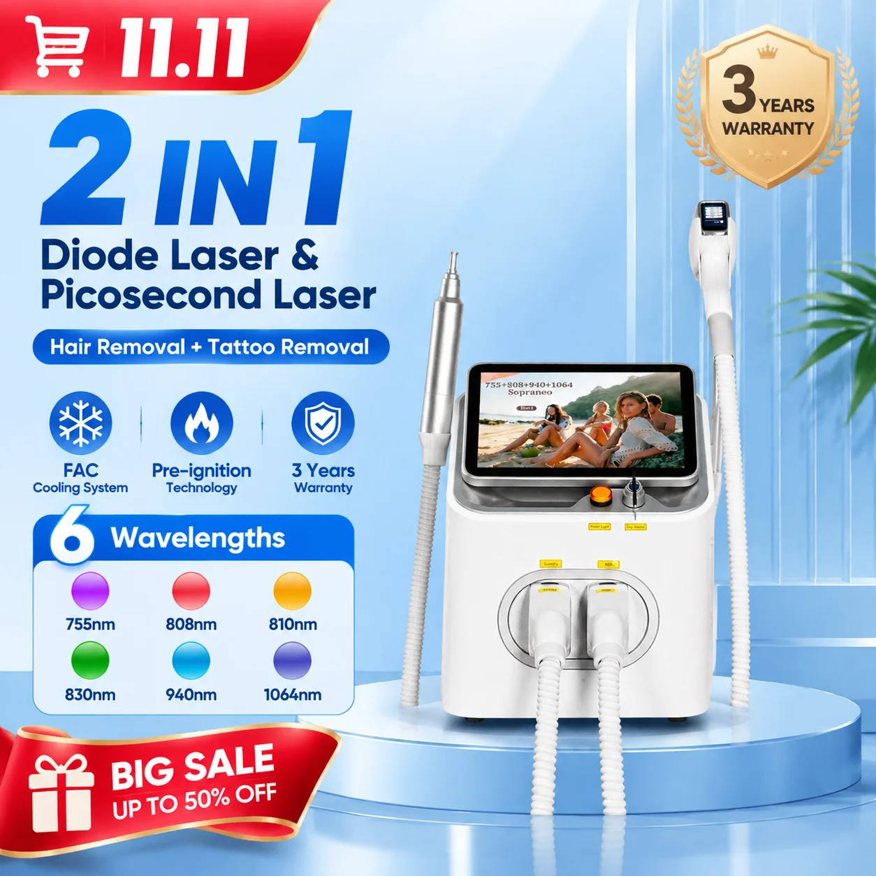 FAC 8000W Soprano 2-in-1 808 & Picosecond Diode Laser Machine, Permanent Hair Removal & Picosecond Tattoo Removal