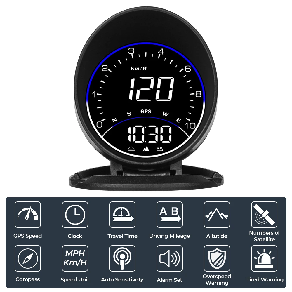 RPM MPH G6 HUD Car Head Up Display With Ambient Light Alarm Set Digital Clock Altitude Meter Speedometer Mileage