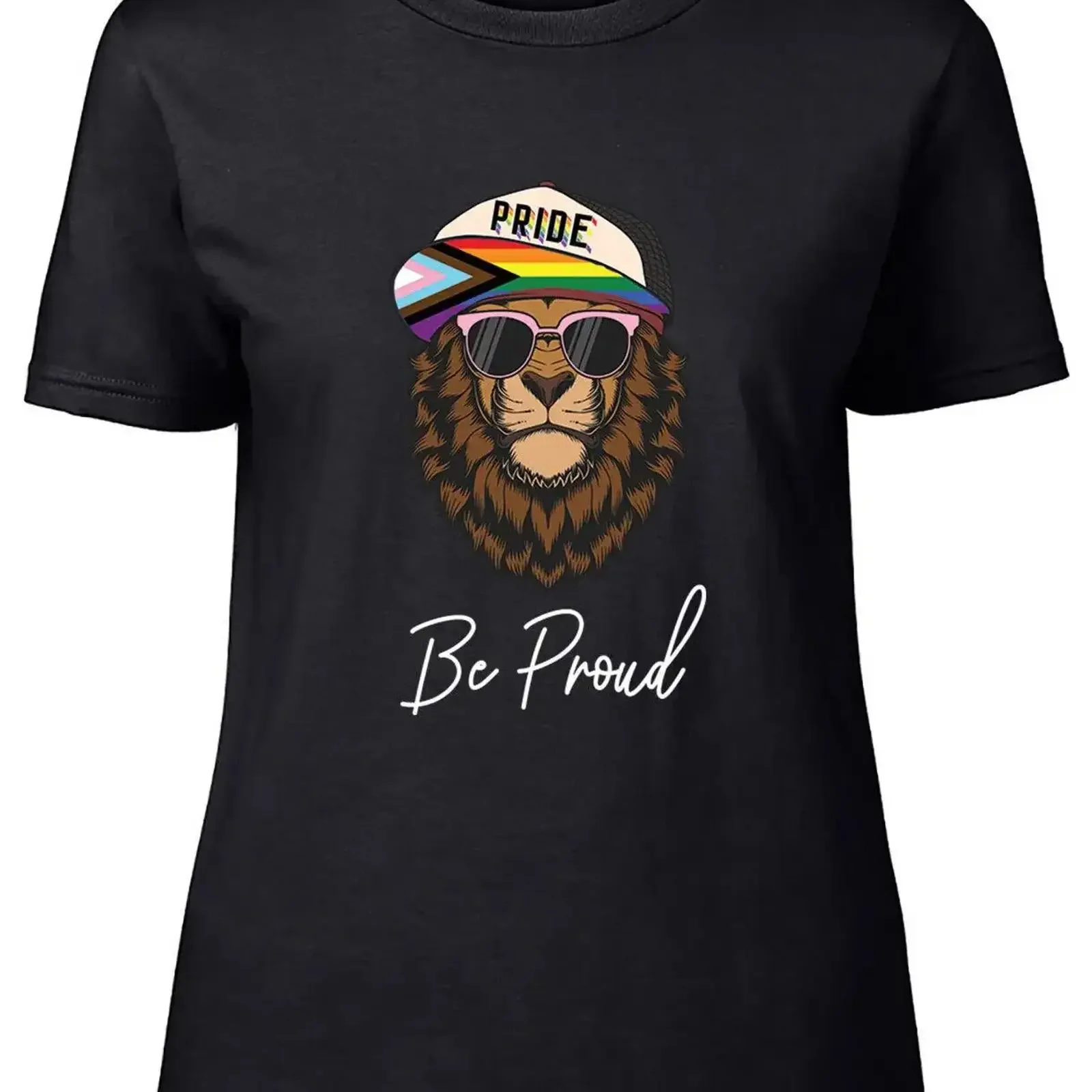 

Lion LGBTQ Gay Pride Womens T Shirt Rainbow Cap and Sunglasses Ladies vintage Washed Slightly Comfortable Stylish graphic