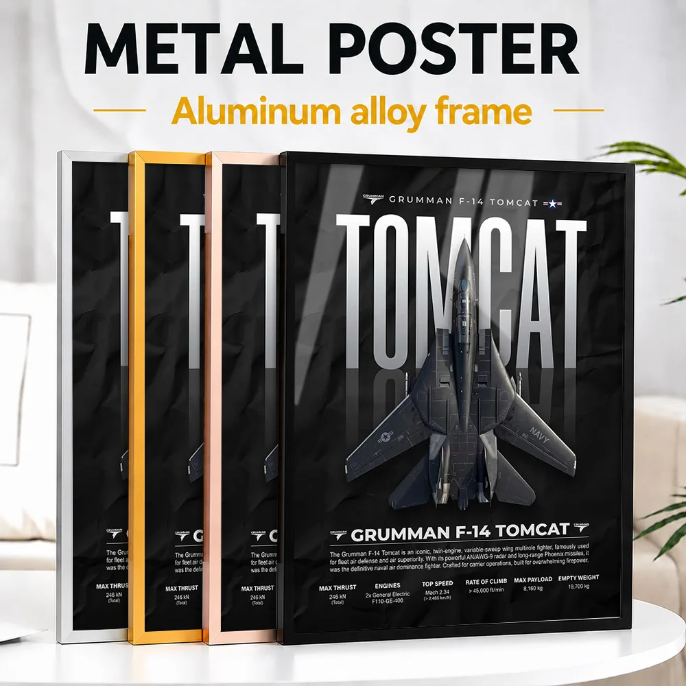 Black Grumman F-14 Tomcat Framed Aluminum Metal Poster Personalized Technical Graphic Wall Art For Aviation Enthusiast Lounge