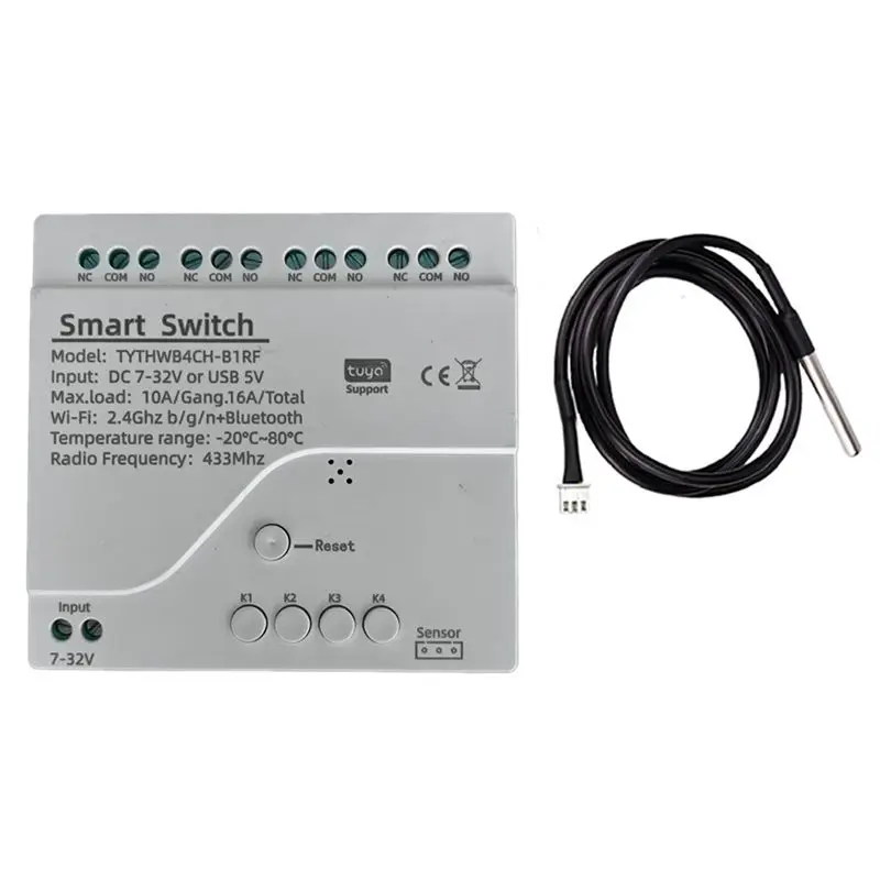 AT82-Tuya Wifi 4 Channel Smart Switch Temperature Humidity Sensor For Alexa Alice Temperature Sensor + 7-32V Switch