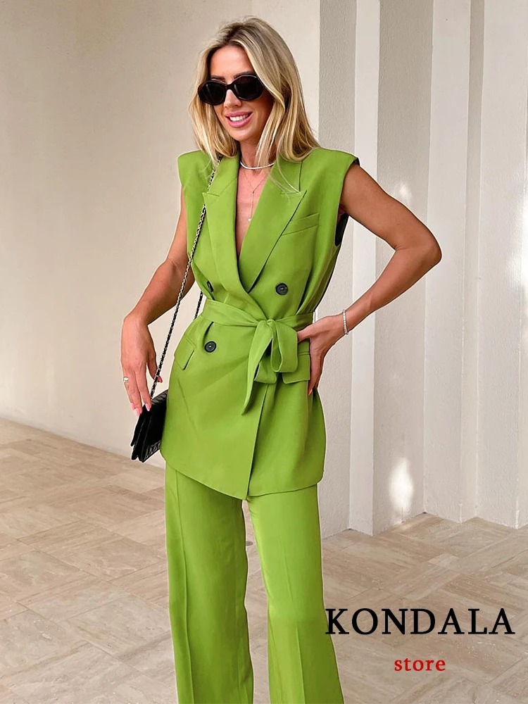 KONDALA Office Lady Solid Green Vest Blazer Women V Neck Double Breasted Sashes Long Sleeveless Jackets Fashion 2023 Coats