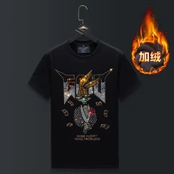 Plus Size Rhinestones Cartoon T Shirts Men Winter Clothes Streetwear Short Sleeve O Neck Thick Velvet Heat Tshirts Ropa Hombre