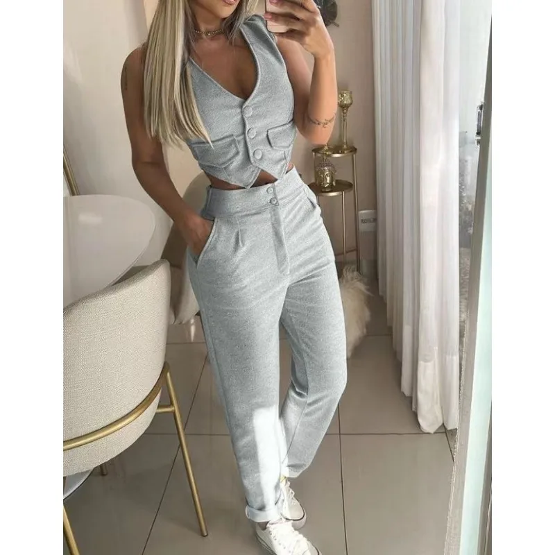 2024 Women Elegant Solid Color Short Navel Shirt High Waist Trousers Two-piece Suit