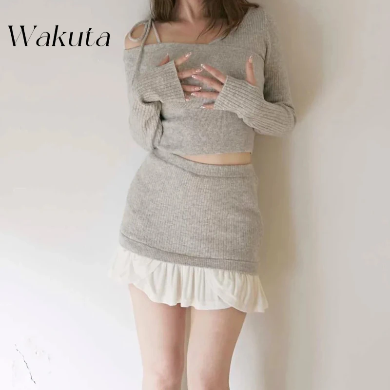 Wakuta Spring Autumn Japanese Niche One Neck Off Shoulder Sweet Knitted Sweaters Casual Lady Splicing Bag Hip Skirt Sexy Y2k Set