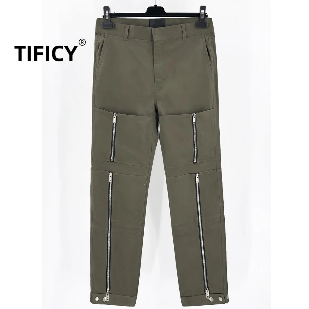 

High Street Elastic Mid Low Waist Straight Leg Slim Fit Casual Pants Men with Multiple Zippers Military Green Workwear Pants