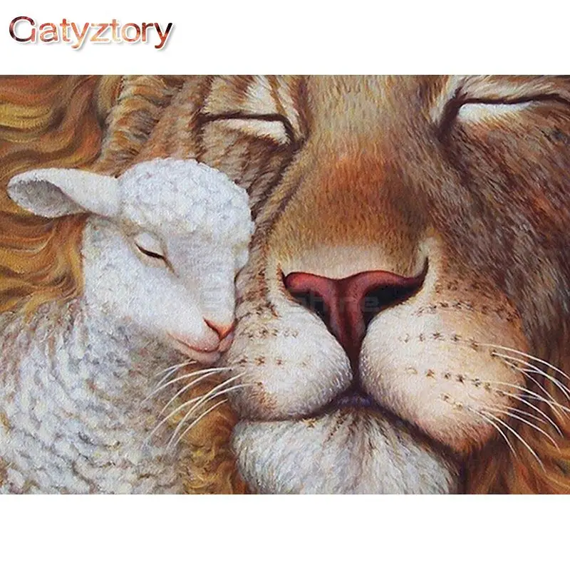 

GATYZTORY 40x50cm Frame Lamb And Lion Diy Painting By Numbers Animals Calligraphy Painting Acrylic Paint On Canvas Home Decor