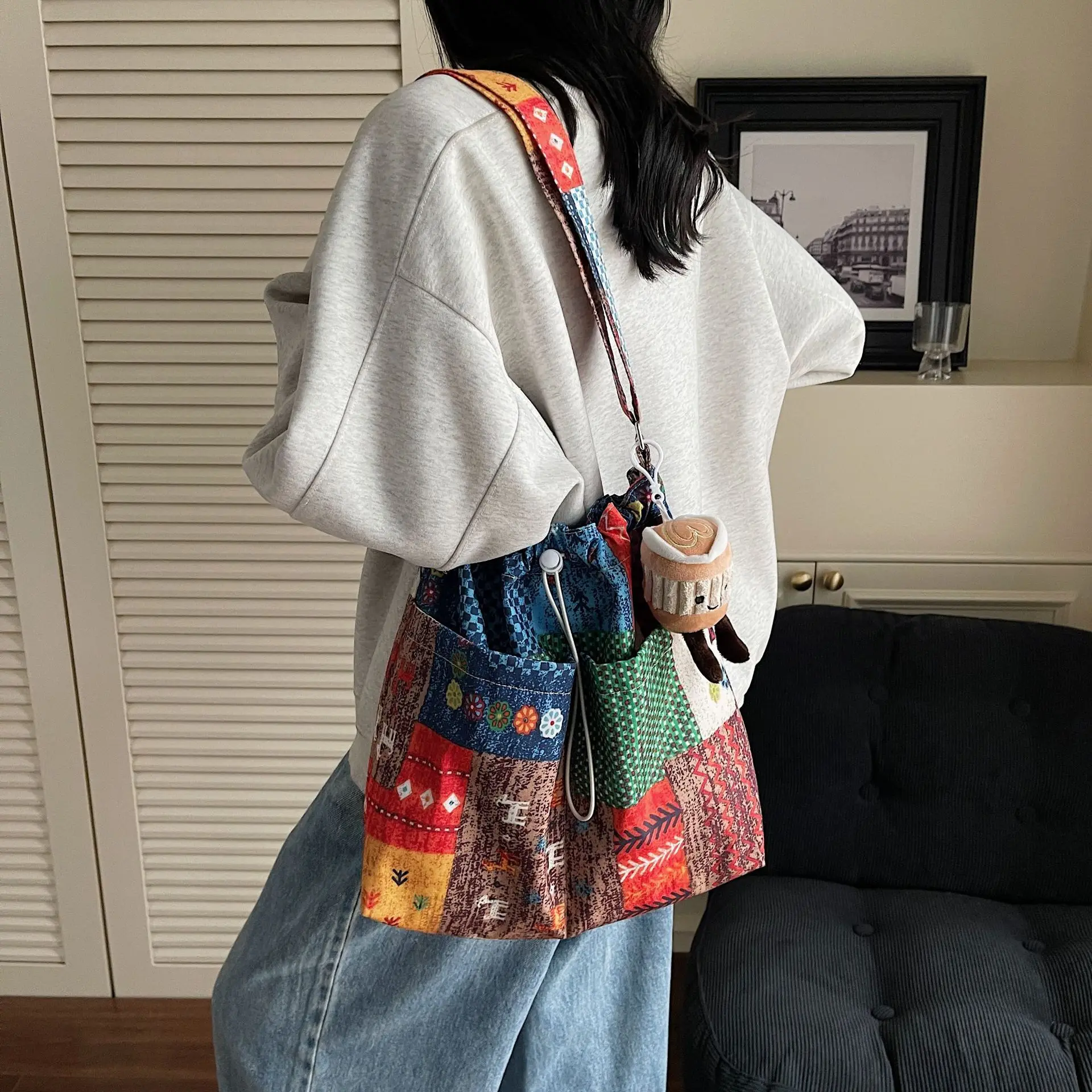 التنقل سعة كبيرة لون الصدام رسم حبل عقدة الفم العرقية نمط المرقعة حقيبة بوهو الكتف حقيبة كروسبودي امرأة #3