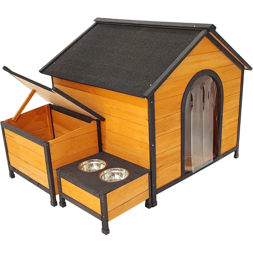 

Roomy Dog House with Storage, Bowls, and PVC Curtain for Multiple Pets