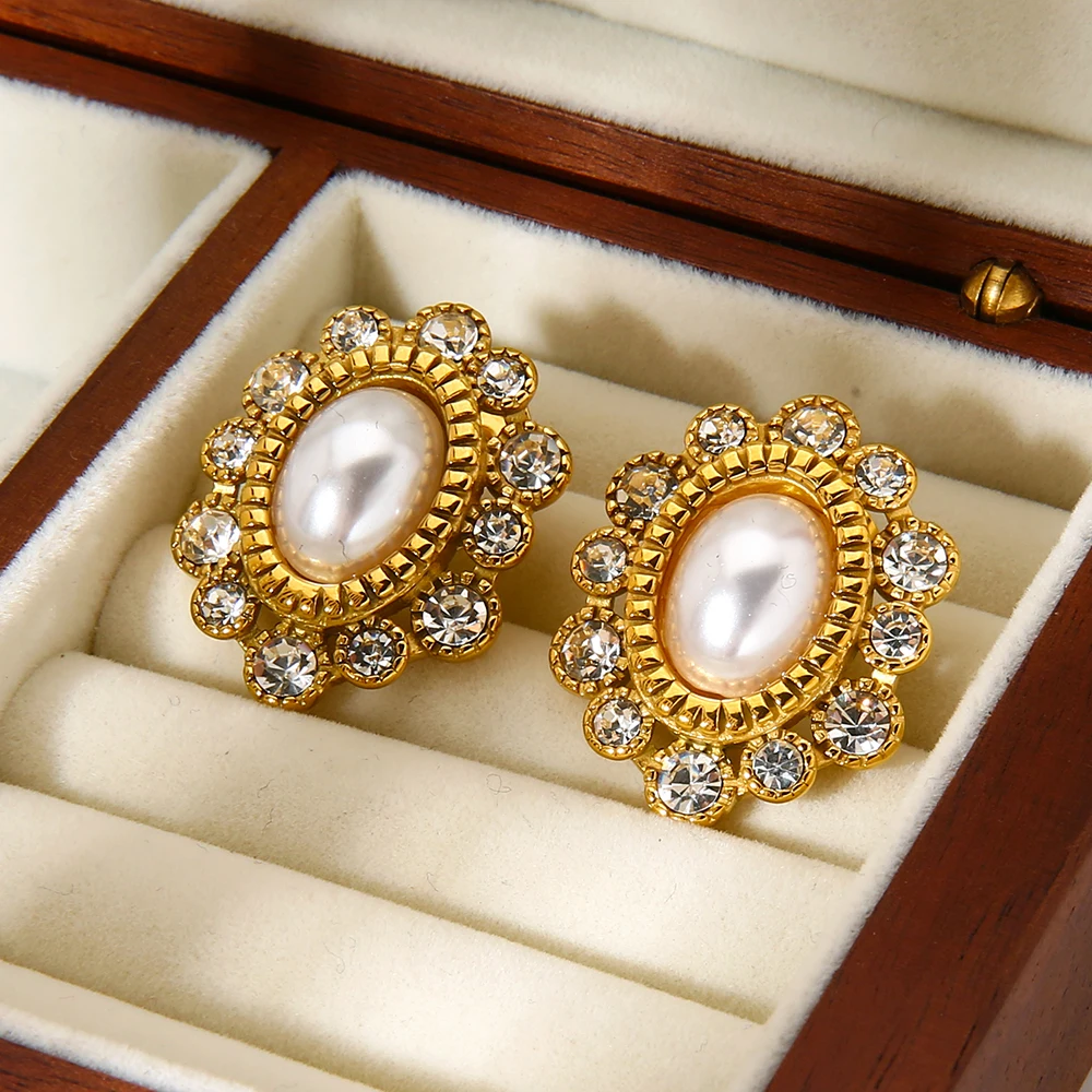 

Sparkling Cubic Zirconia Faux Pearl Inlay Flower Earrings 18K Gold Plated Stainless Steel Elegant Party Jewelry for Women Gift