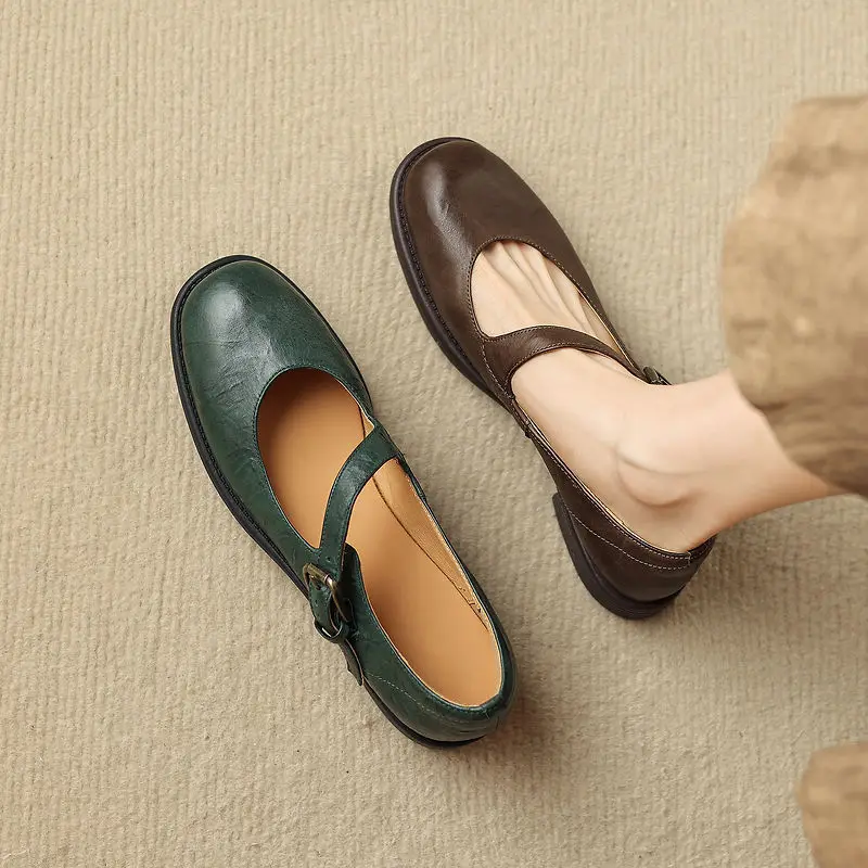 2026 new spring autumn women pumps natural leather 22-25cm cowhide+pigskin round toe buckle mary janes women shoes  fashion