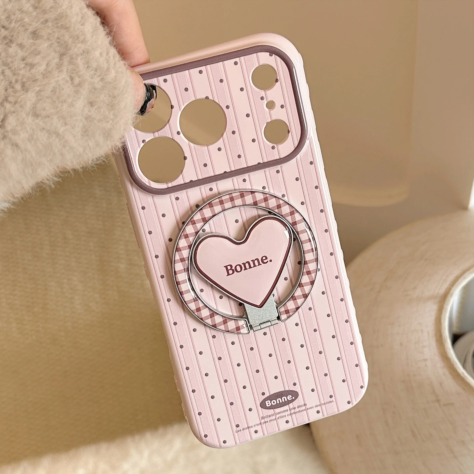 Coque de téléphone antichoc souple à motif simple rayé, pois et cœur pliable avec support magnétique pour iPhone 17 16 15 14 13 12 Pro Max