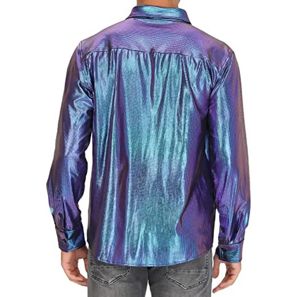 

Men's Summer Party Shirt Shiny Surface Performance Shirt With Turn-down Collar Long Sleeve Tops Tees For Club Disco Stage Show