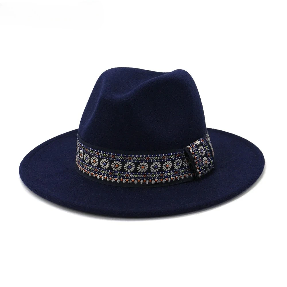 

Navy Blue Fedora Hat Wool Women Men Felt Trilby Wide Brim British Style Fedora with Floral Belt Autumn Winter Sombrero Cap New