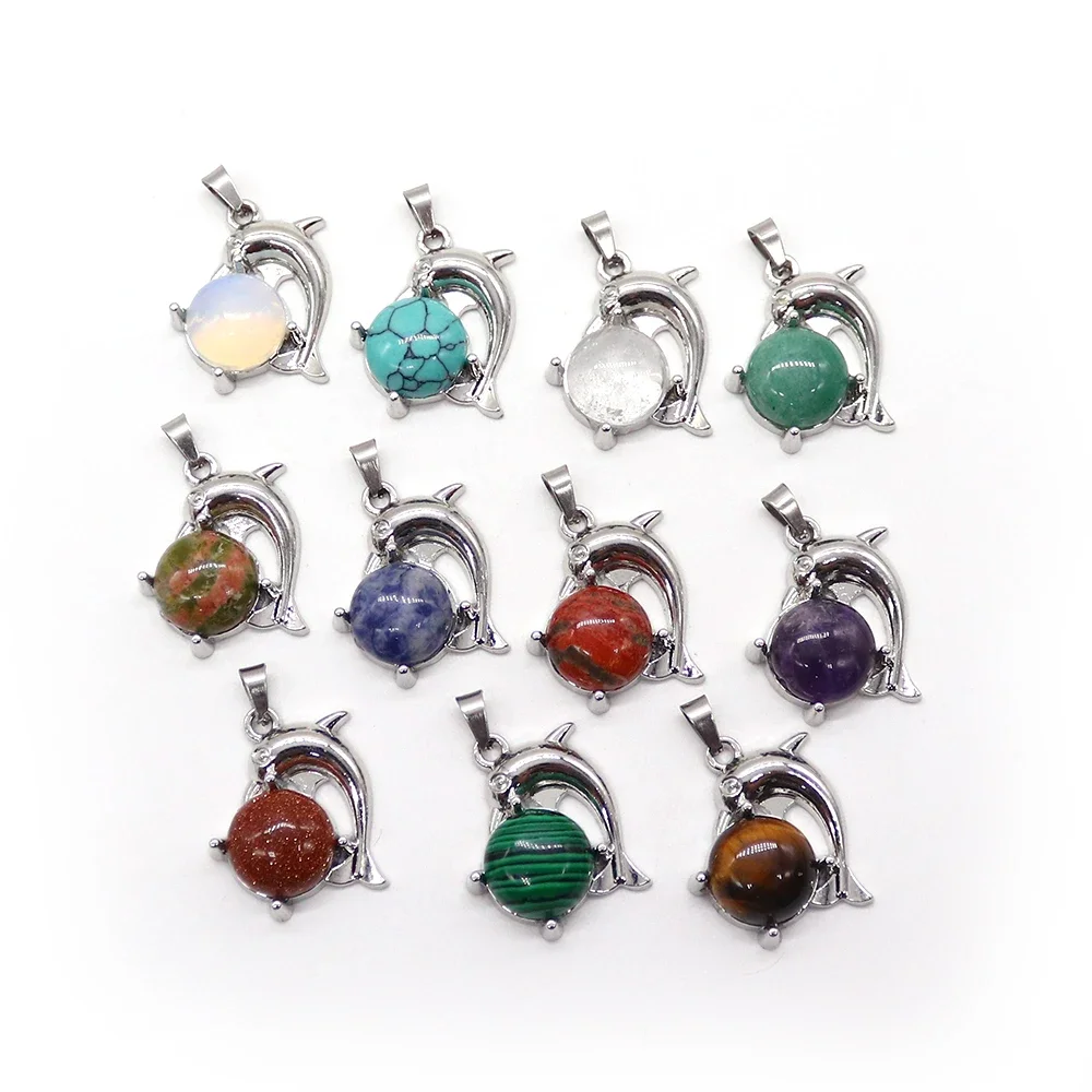 Natural Stone Round Malachite Agate Inlaid Silver-Plated Dolphin-shaped Beads Design Sense Melon Seed Button Pendant DIY Jewelry