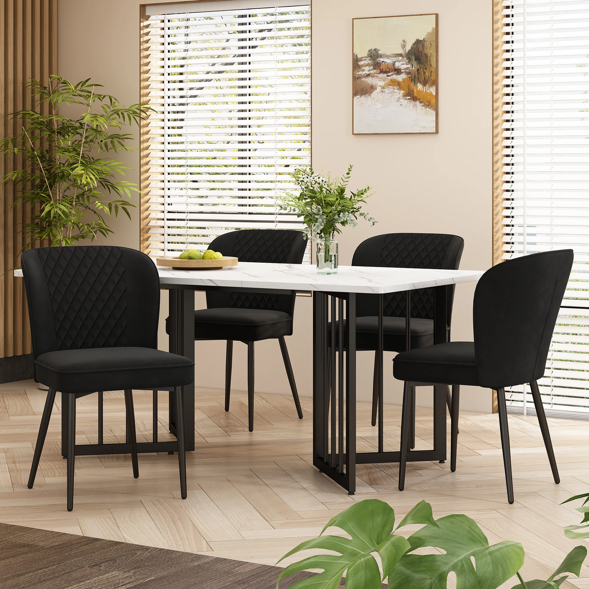 VSOGA Dining Group (Set, 140 × 80 × 75 cm dining table with 4 Chairs) Black Velvet Dining Chairs, V Shaped Black Table Legs, MDF Tabletop