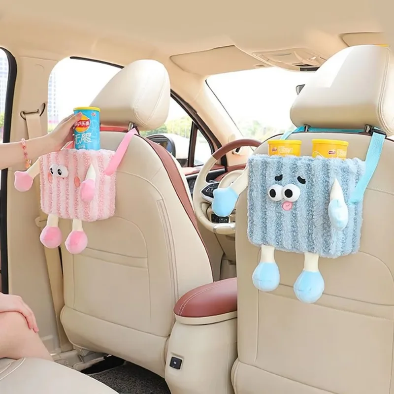 Multi-Functional Plush Car Trash Can Cartoon Soft Auto Seat Back Storage Bag Cute Leakproof Vehicle Trash Bin Car Supplies