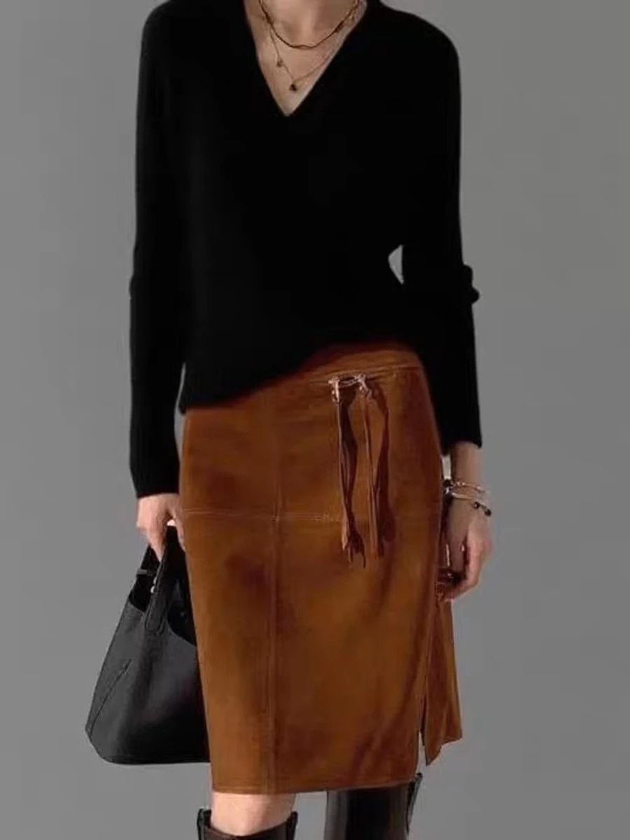 Retro Brown Genuine Kid Suede Real Leather Pencil Skirt Side Slit Soft Lambskin Midi Skirt with Knee Length Women