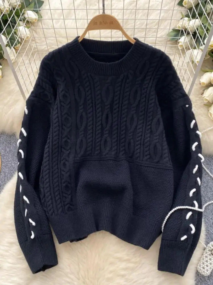 

Korean Women Fashion Festival Short Pullover Tops Autumn Winter Vintage Round Neck Loose Knitted Twists Sweater Ladies Popular