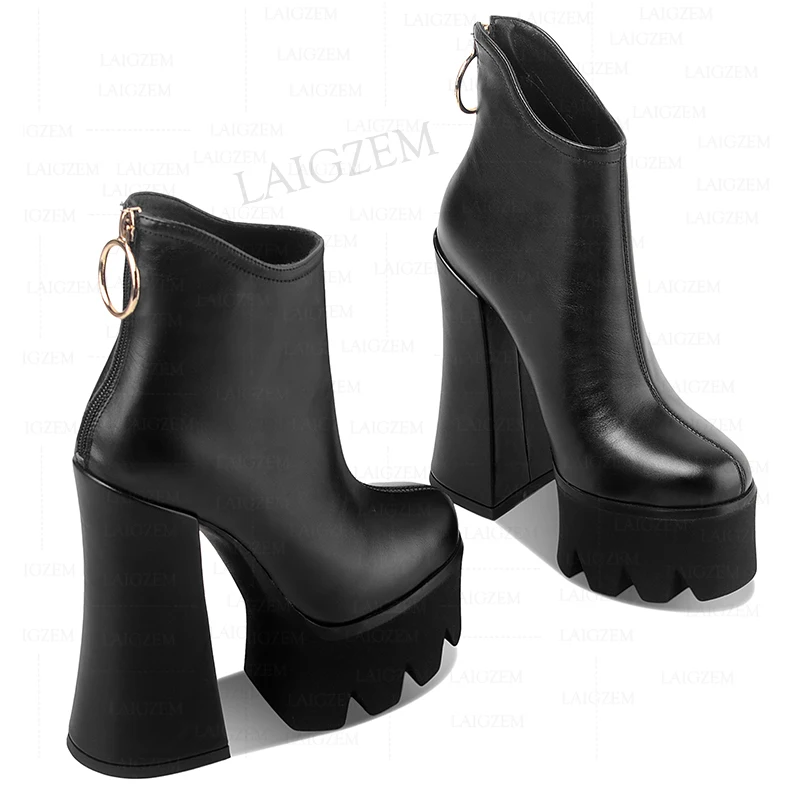 LAIGZEM SUPER Women Ankle Boots Real Leather/ Real Suede Back Zip Up Thick High Heels Short Booties Shoes Woman Size 33 35 37 39