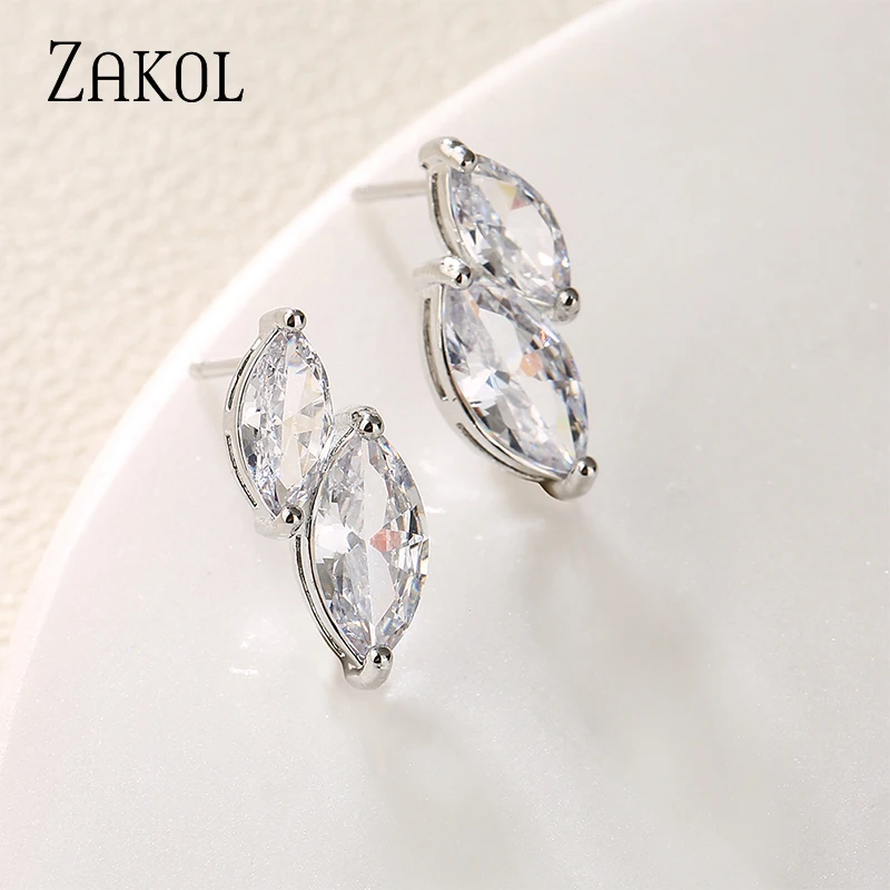 ZAKOL Simple Geometry Cubic Zirconia Eye Shape Stud Earrings CZ Crystal Party Jewelry for Women Girl EP1197