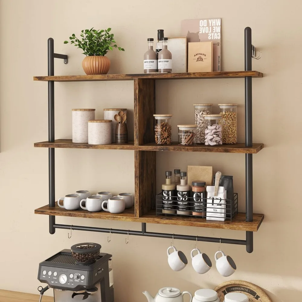 

Wall-Mounted 3-Tier Ladder Style Kitchen Shelf with Circular Tube Design for Coffee Bar Area