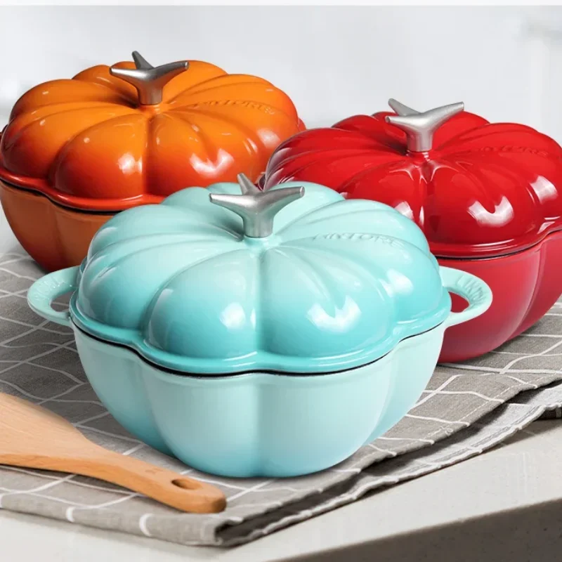 

Pumpkin Shape Enamel Glazed Cast Iron Pot Uncoated Non-Stick Stew Pot for Induction and Gas Cookers Home Kitchen