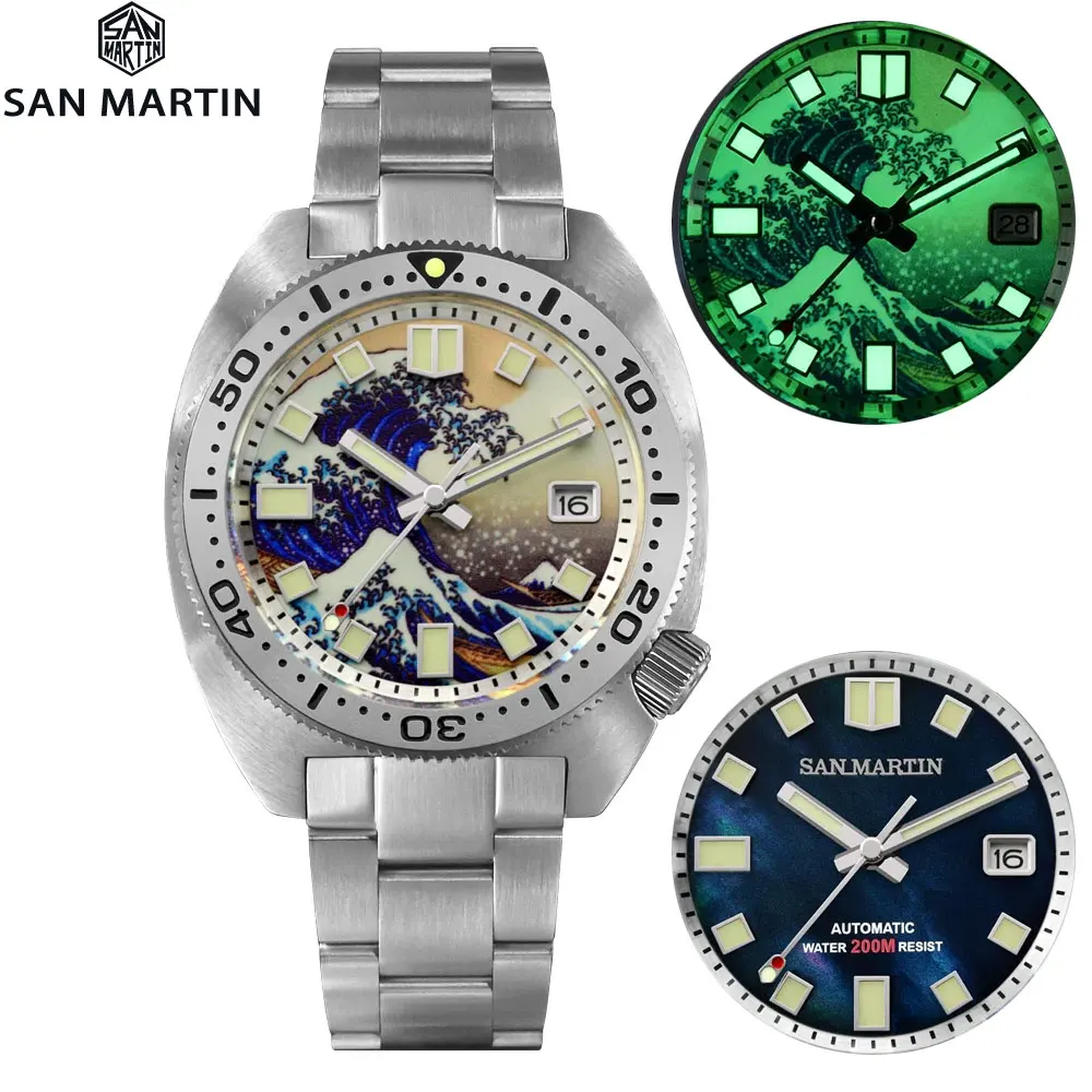 San Martin Men Diver Watch 6105 Wave 3D Printing Full Luminous Kanagawa Surfing Dial NH35 Automatic Mechanical Watches Sapphire