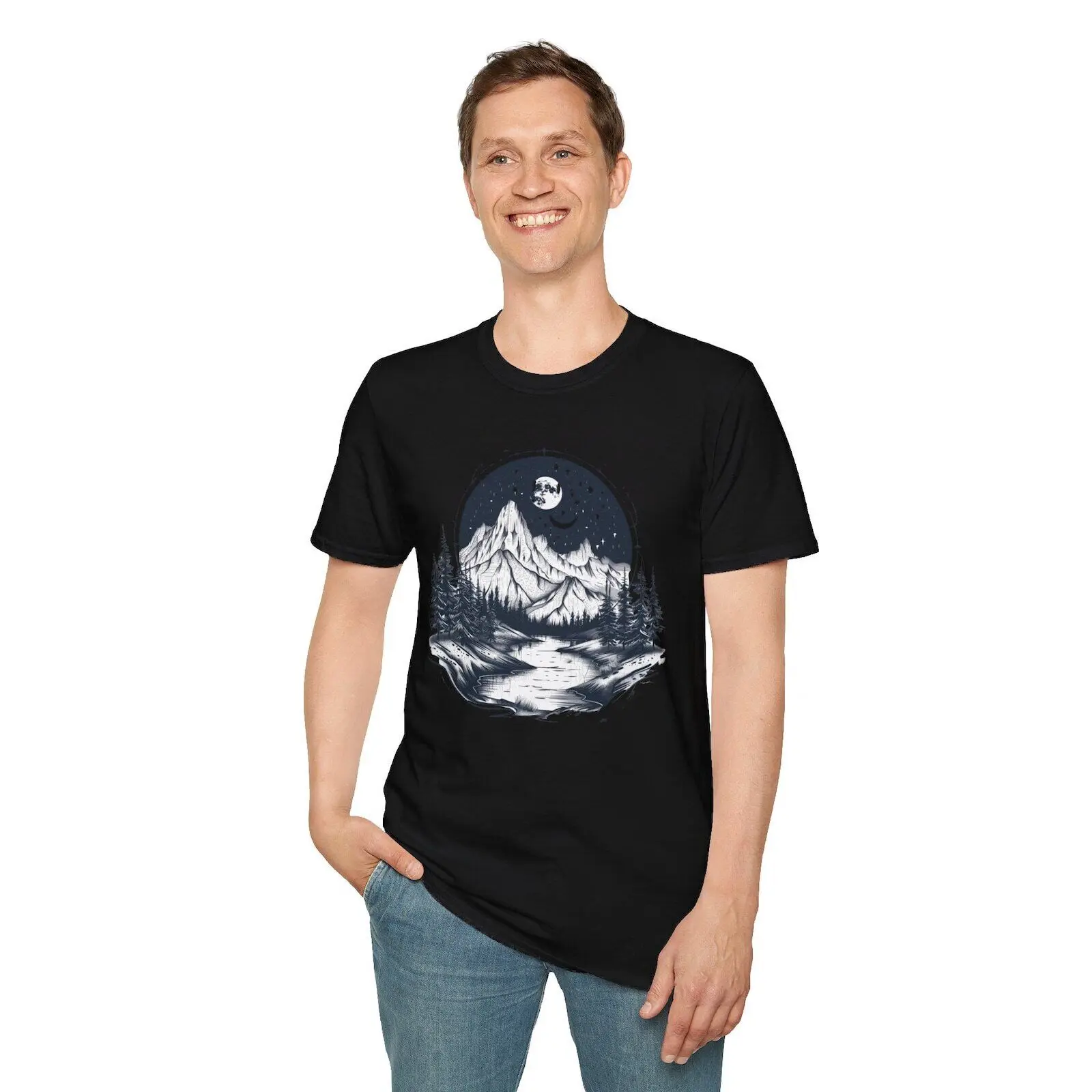 Moonlit Mountain T-Shirt - Serene Unisex Graphic Tee with Nature Scene