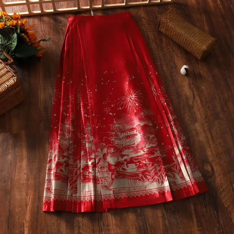 2023 Summer New Vintage National Style Chinese Improved Hanfu Skirt Pleated Horse Face Skirts for Women