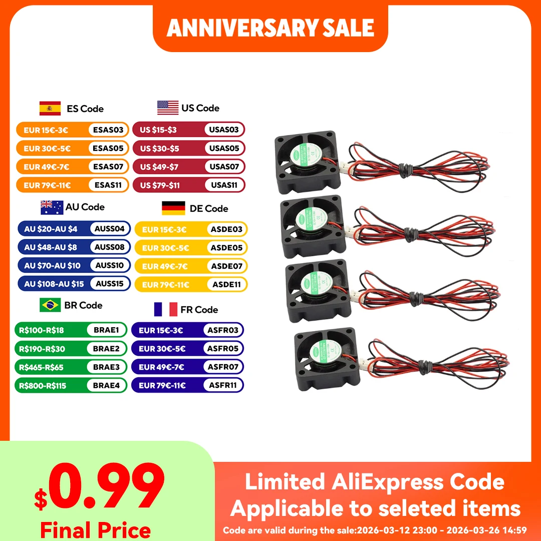 

4pcs/lot Mini 12V 3010 30MM 30 x 30 x 10MM 12V 2Pin DC Cooler Small Cooling Fan 3010 12v For 3D Print Parts