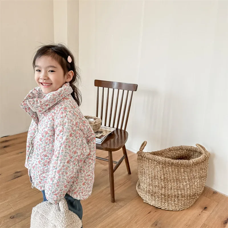 

Winter style girls' floral cotton jacket for baby girls, Korean version loose floral print, Western style down cotton coat jacke