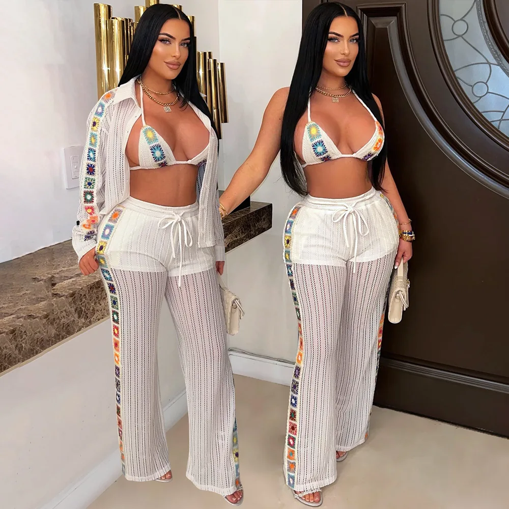 

Knitted Sexy Perspective Women's Set Sleeveless Bra Top Long Sleeve Shirt Lady Pants Sets Beach Three 3 Piece Set Women Outfits