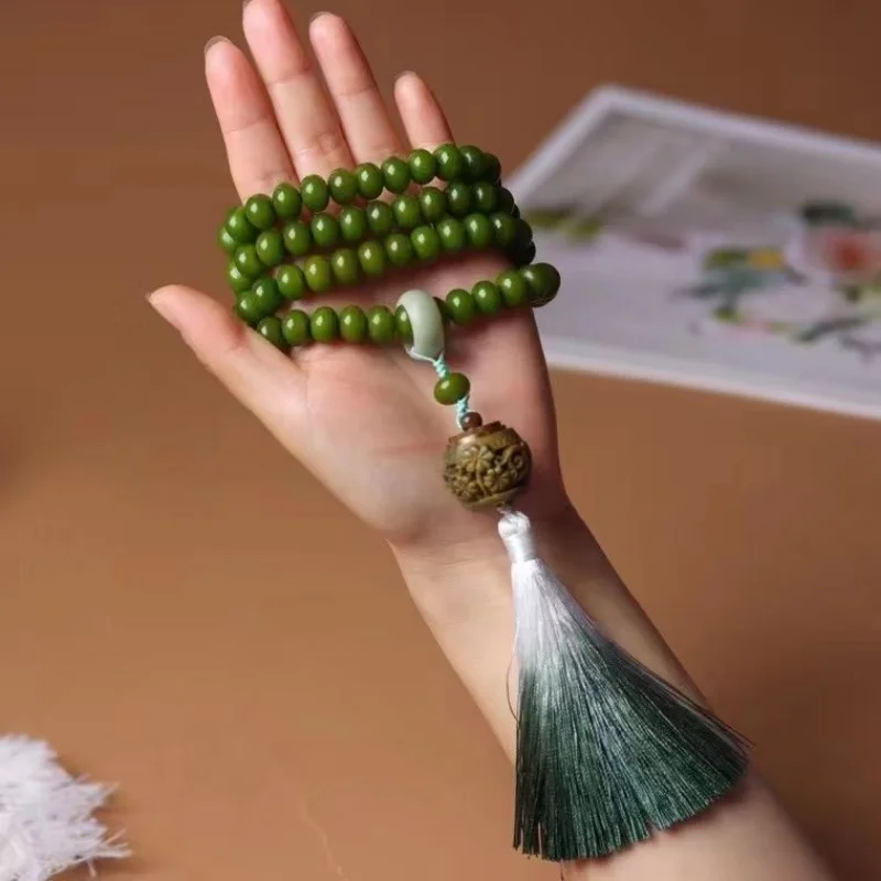 UMQ High-end Gifts Hainan White Jade Bodhi Root 108Pcs Wen Play Bracelet Women with Green Sandalwood Sachet Tassel Hand String