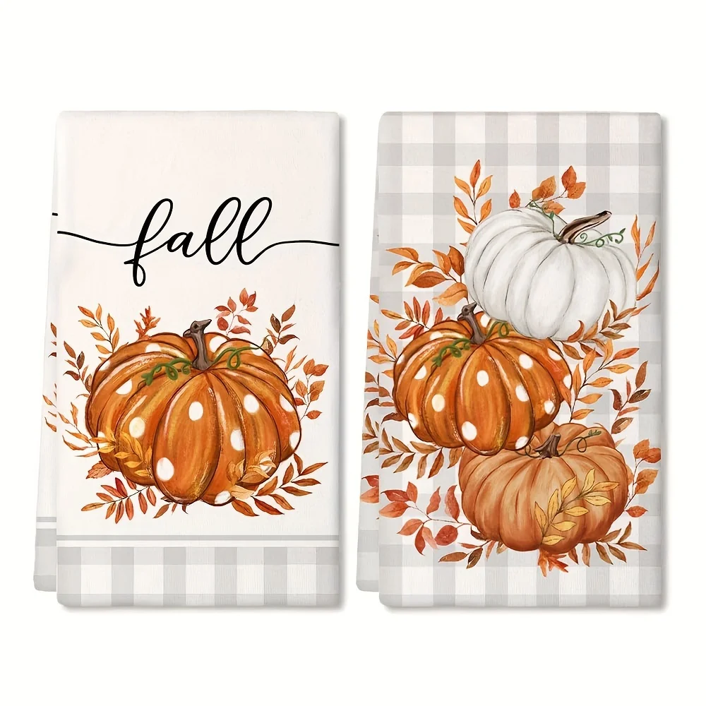 2Pcs Fall Pumpkin Kitchen Towels Autumn Harvest Dish Towels Thanksgiving Decor Hand Towel Farmhouse Home Kitchen Decor Gift